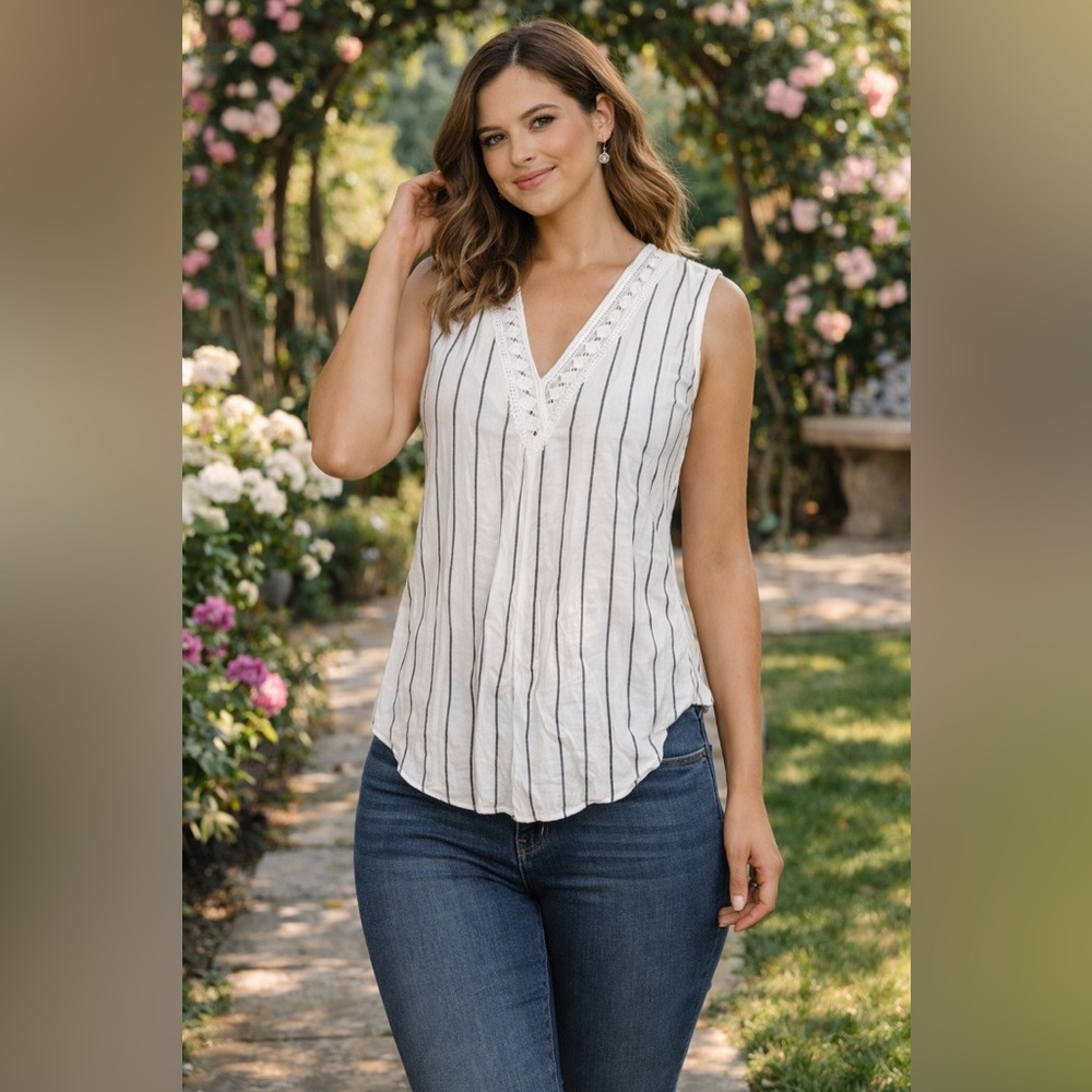 NWT French Dressing Jeans (FDJ) White Black Stripe Lace Sleeveless Top Size 6